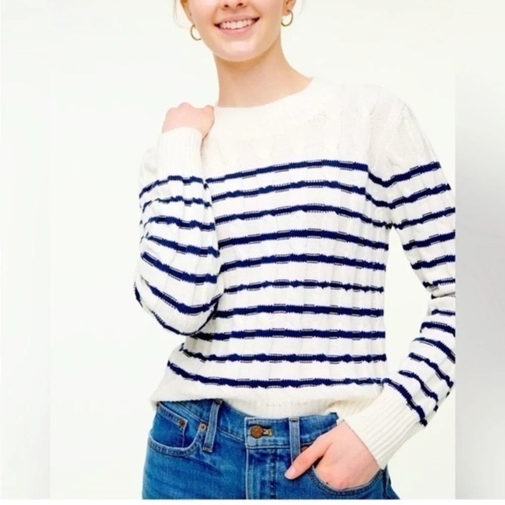J.Crew Women’s cable mockneck sweater Off white With Navy Stripes Size M